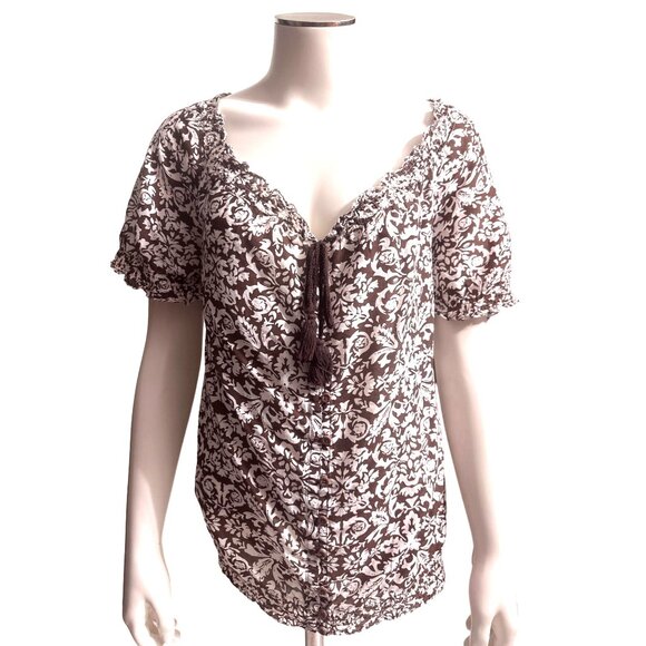 Ann Taylor Loft Large Brown White Silk Cotton Floral Blouse Romantic City Chic - Picture 2 of 12